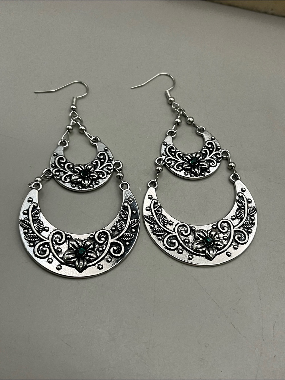 Boho Silver Tone Double Crescent Chandelier Dangle Earrings Green Rhinestone